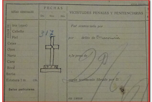 Cruz mortuoria dibujada en la portada del expediente carcelario de Francisco Baena Varea, 1942 (AHPC).