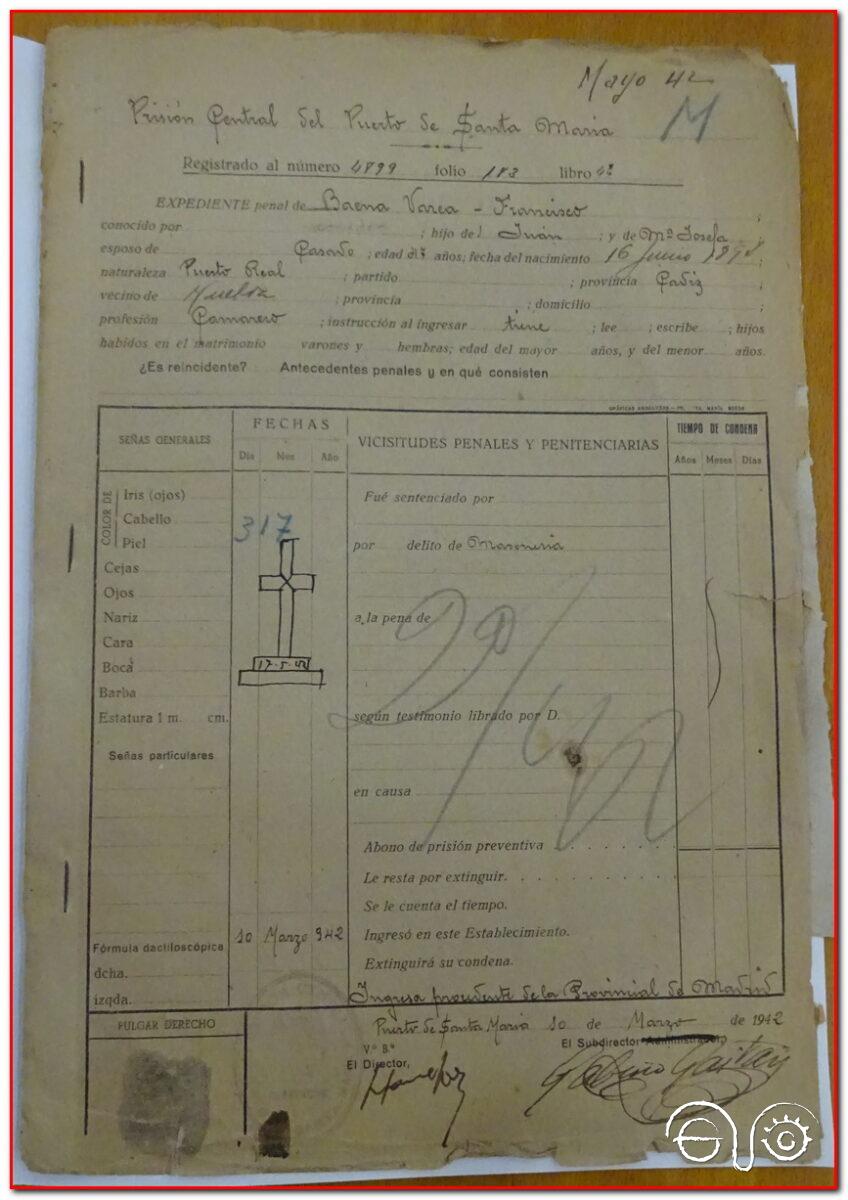 Portada del expediente carcelario de Francisco Baena Varea, 1941-1942 (AHPC).