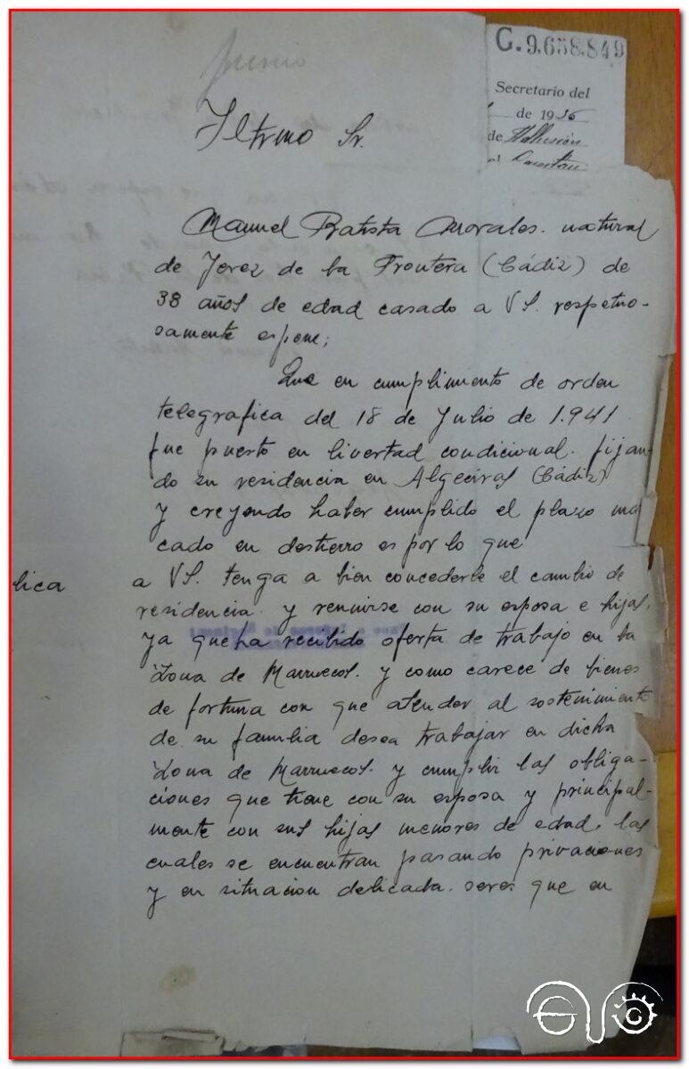 Anverso de instancia manuscrita de Manuel Batista Morales, 1942 (AHPC).