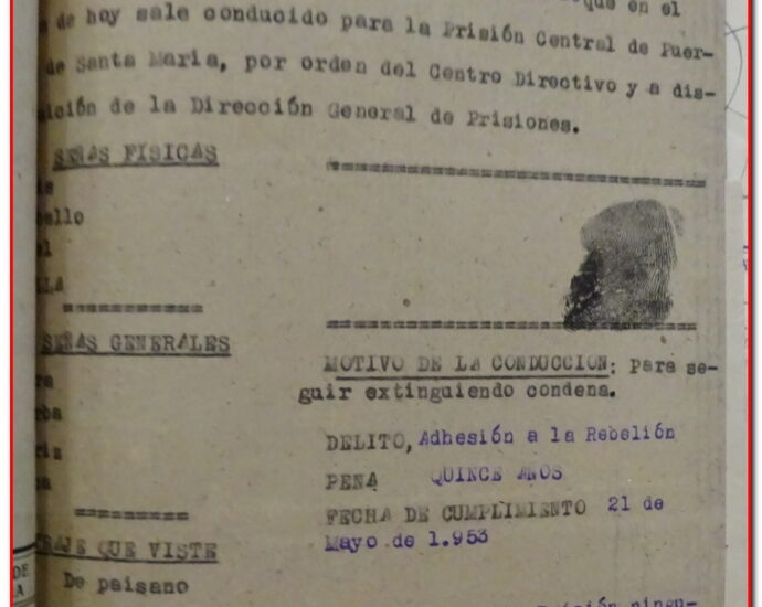 Hoja de conducción de Manuel Pérez Pérez de la Prisión Provincial de Las Palmas a la Prisión Central de El Puerto de Santa María, 1943 (AHPC).