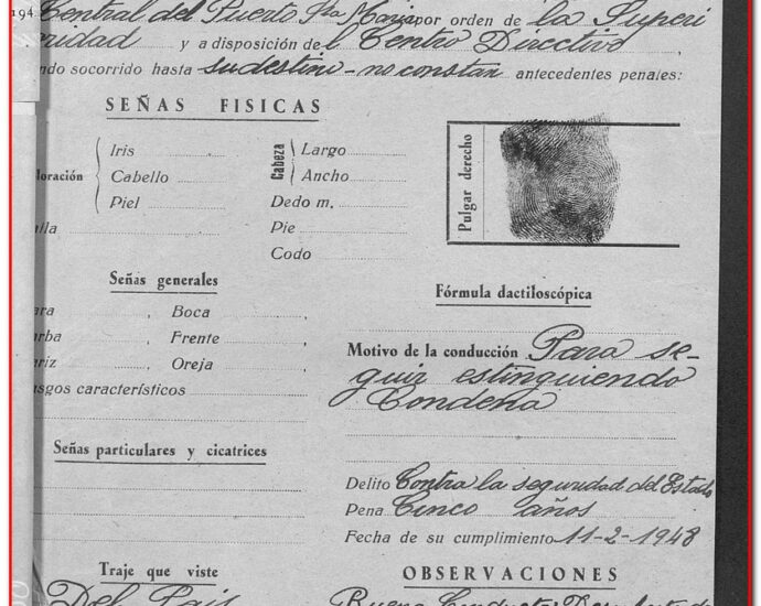 Hoja de concudcción de José Barragán a la Prisión Central de El Puerto de Santa María,1945 (AHPC).