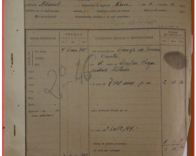 Portada del expediente carcelario de Juan Moreno Granja, 1946 (AHPC).