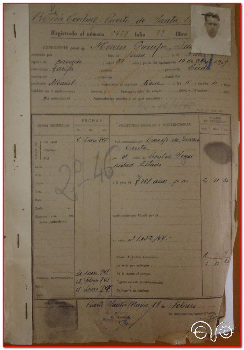 Portada del expediente carcelario de Juan Moreno Granja, 1946 (AHPC).