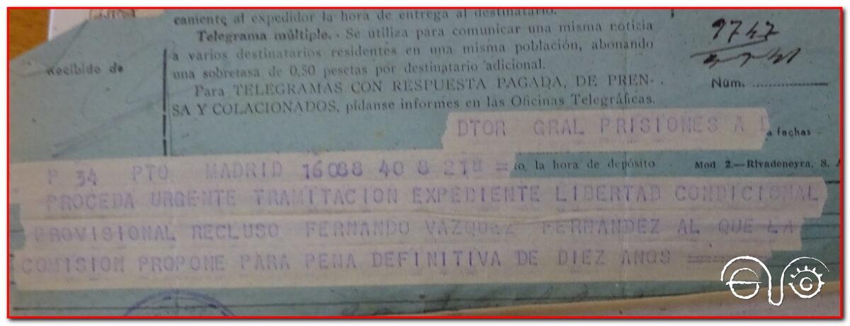 Telegrama de puesta en libertad condicional, 1941 (AHPC).