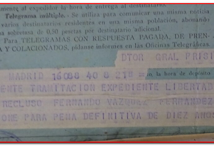 Telegrama de puesta en libertad condicional, 1941 (AHPC).