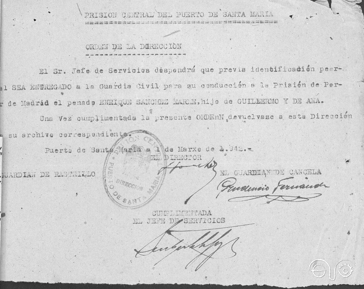 Orden de traslado a la Prisión Provincial de Madrid, 1942 (AHPC).