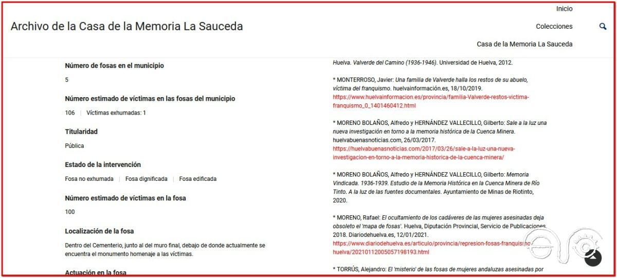 Captura del registro archivística sobre la fosa de Valverde del Camino en el repositorio digital.