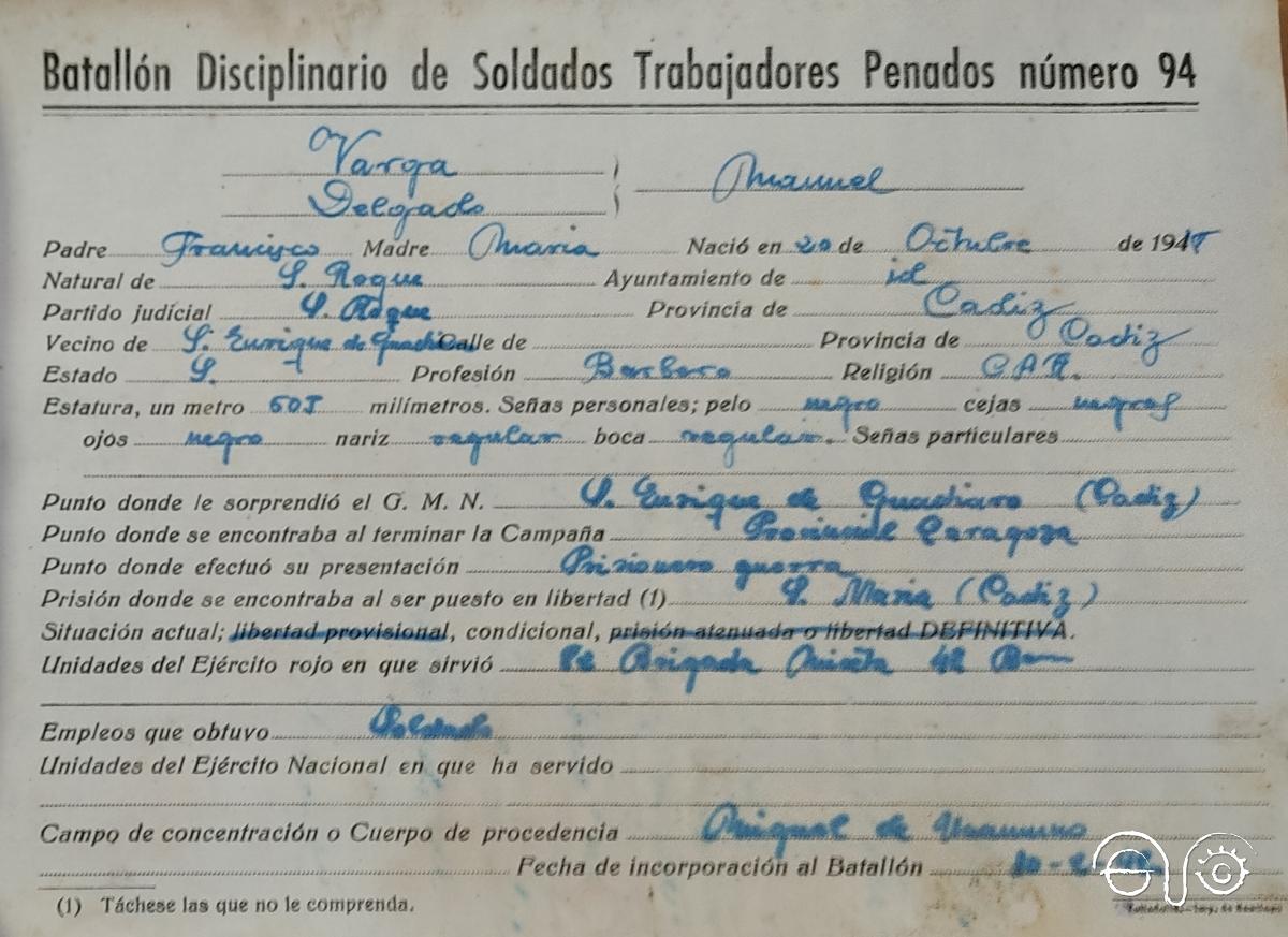 Ficha de inscripción en el Batallón (Archivo General Militar de Guadalajara).