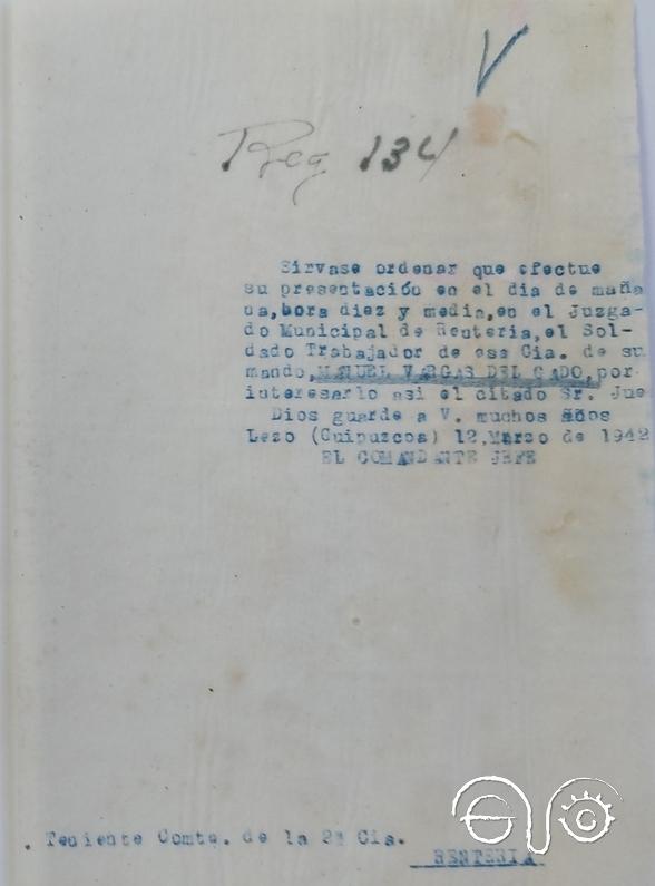 Documento del expediente carcelario de Manuel Vargas, de 12 de marzo de 1942 (AHPC).