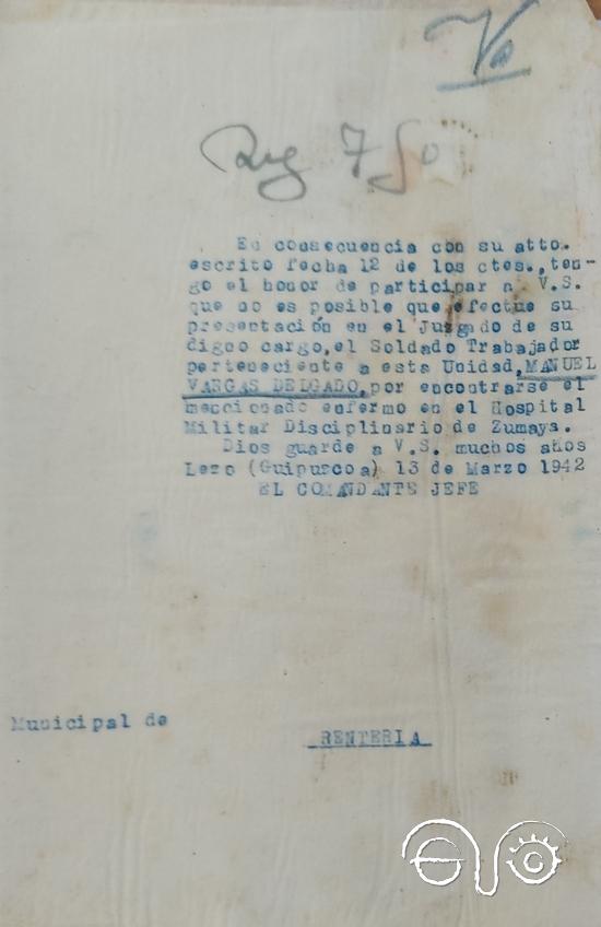 Documento del expediente carcelario de Manuel Vargas, de 13 de marzo de 1942 (AHPC).