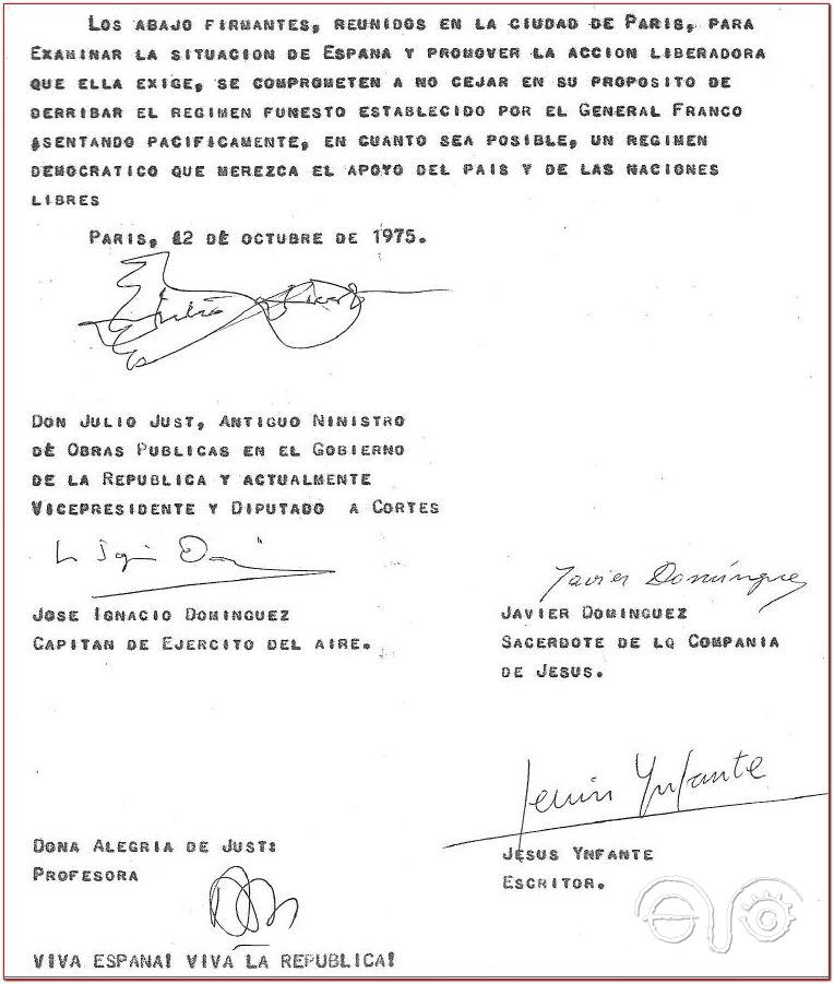 Manifiesto firmado en París el 12 de octubre de 1975 (Copia de documento aportada por José Ignacio Domínguez).