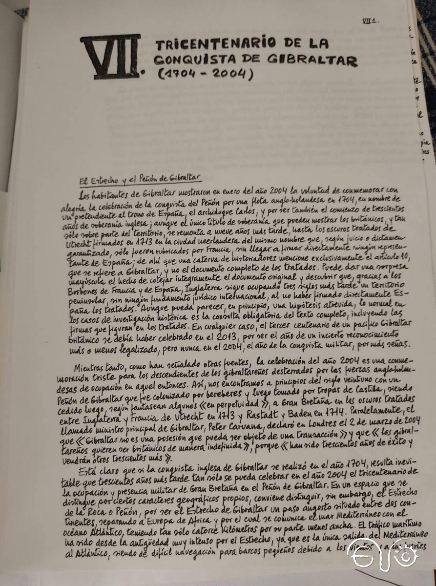 Inicio del capítulo manuscrito sobre el tricentenario de la conquista de Gibraltar.