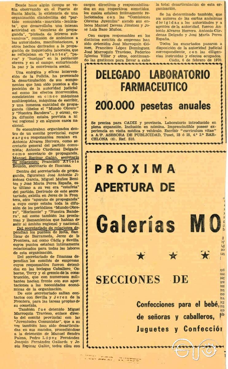 Recorte de prensa del Diario de Cádiz (1970). Desarticulación del PCE provincial en El Puerto de Santa María (continuación).