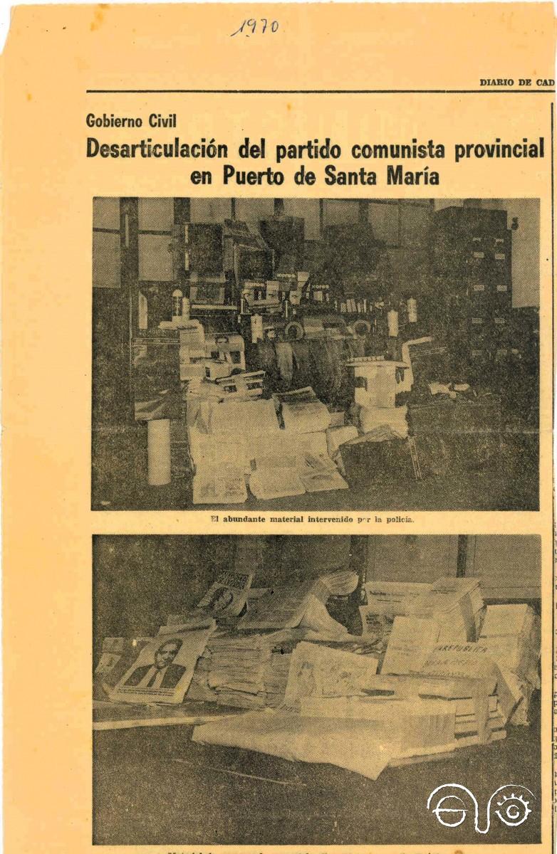Recorte de prensa del Diario de Cádiz (1970). Desarticulación del PCE provincial en El Puerto de Santa María.