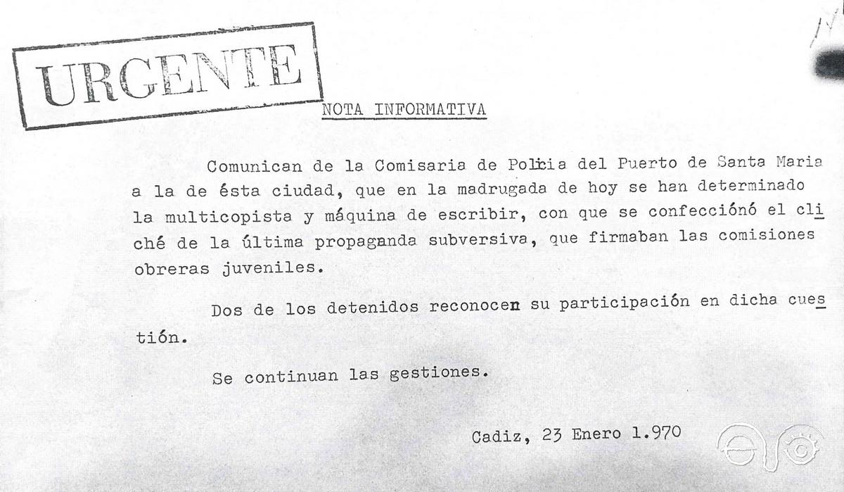 Nota informativa de la comisaría de El Puerto de Santa María (23/01/1970)