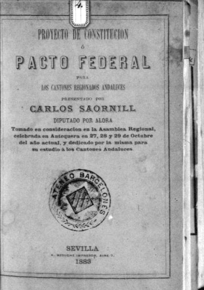 Portada del proyecto de Constitución Andaluza de 1883, aprobado en la Asamblea de Antequera