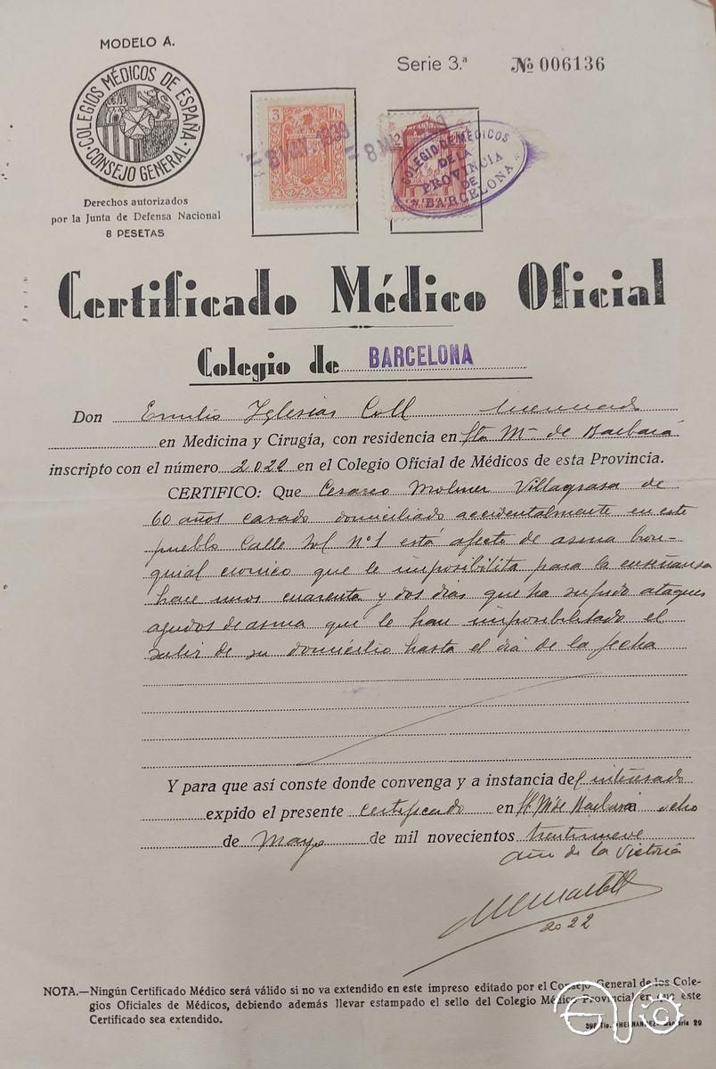 Certificado médico, 8 de mayo de 1939.