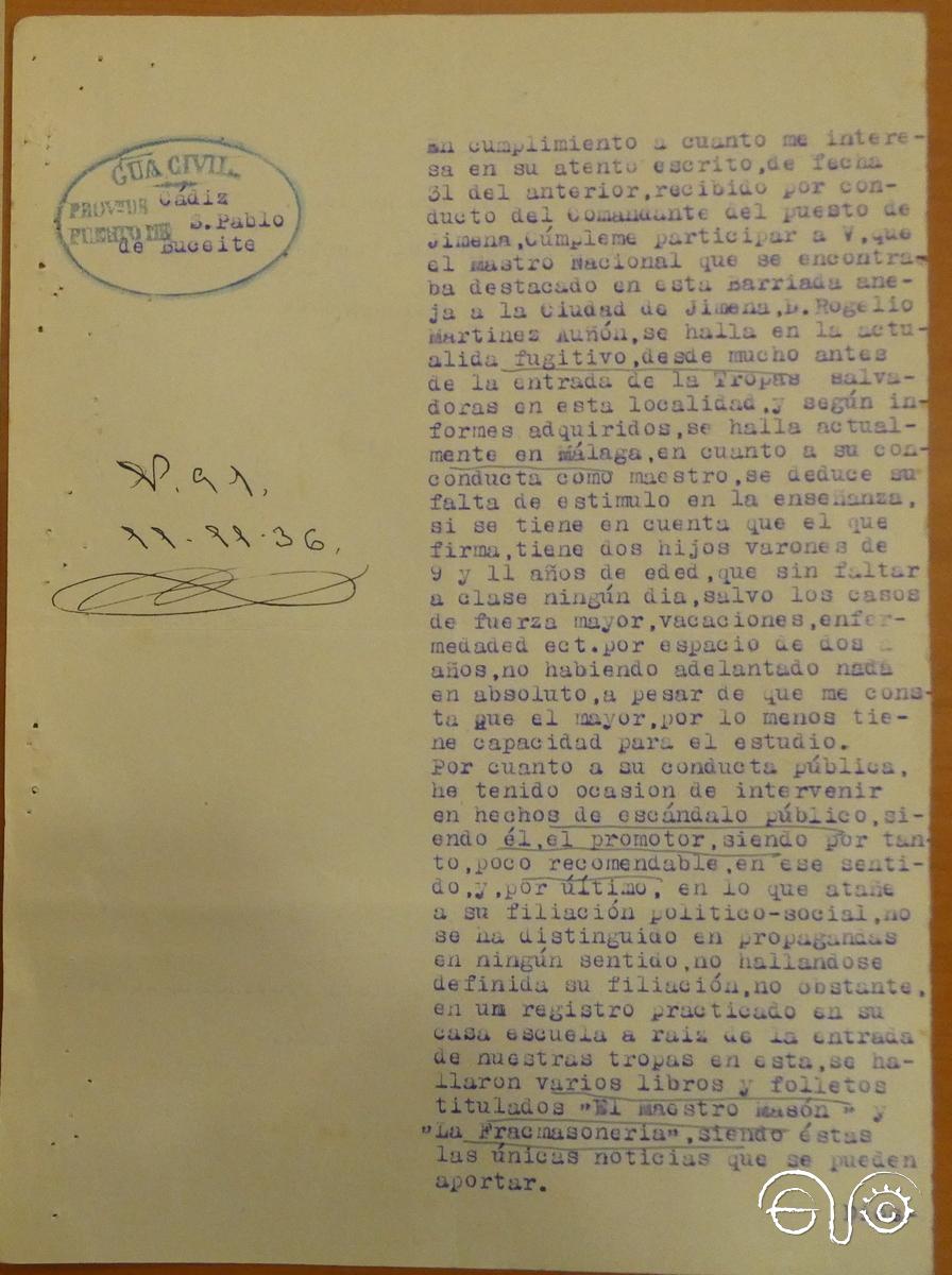 Anverso del oficio de la Guardia Civil de Buceite a la Comisión Provincial de Enseñanza, 9/11/1936 (AGA).