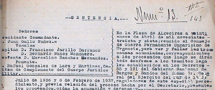 Tribunal del consejo de guerra que dictó sentencia contra Rogelio Martínez Auñón, 29/4/1937 (Archivo del Tribunal Militar Territorial 2, Sevilla).
