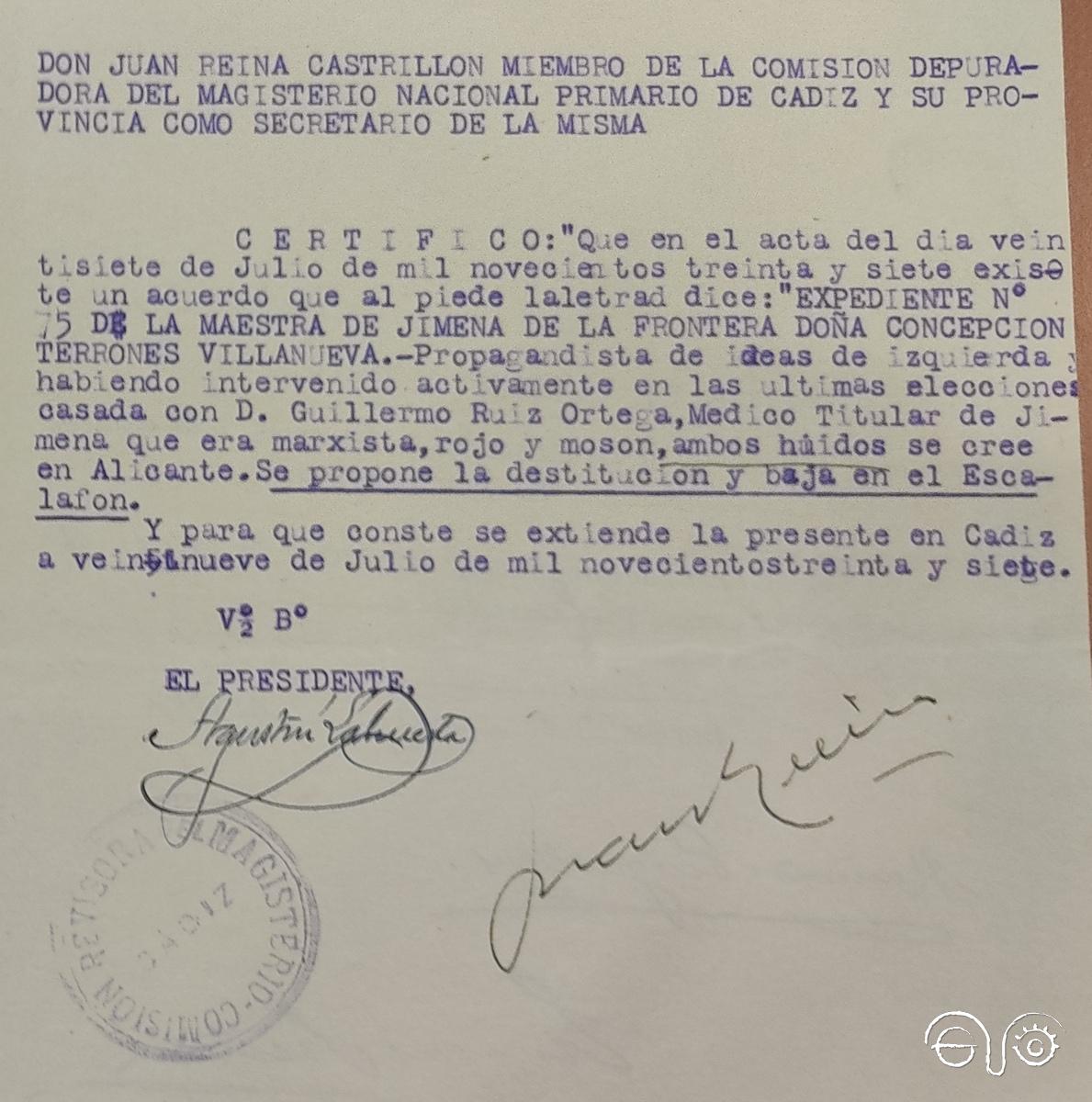 Propuesta de destitución y baja en el escalafón, 29/7/1937 (AGA).