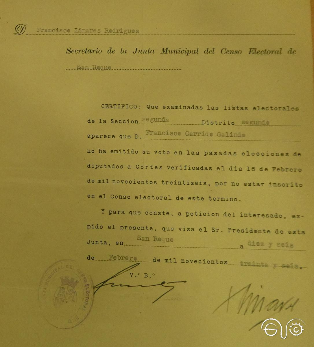 Documento del secretario de la Junta Municipal del Censo de San Roque, donde se especifica que el maestro no votó en las elecciones del 12 de febrero de 1936 y que usará en su descargo en 1939.