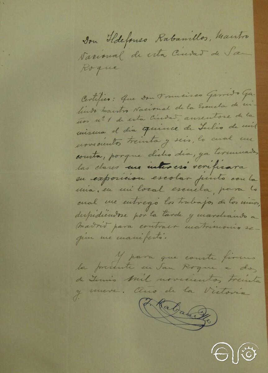 Certificado del maestro Ildefonso Rabanillo.