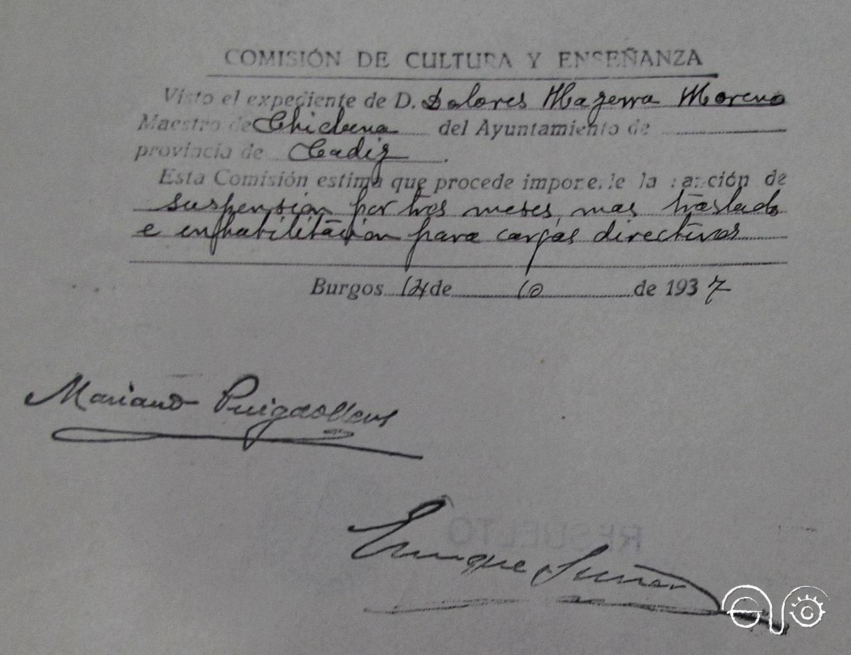 Documento donde se recoge la sanción que se le impone a Mª Dolores Mazorra.