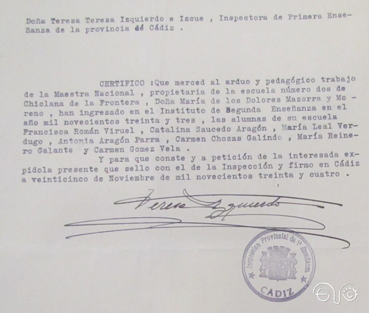Certificado de la inspectora Teresa Izquierdo Izcue.