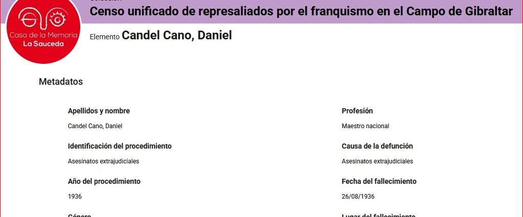 Captura del registro de Daniel Candel Cano en el censo unificado de represaliados por el franquismo en el Campo de Gibraltar de la web de la Casa de la Memoria.