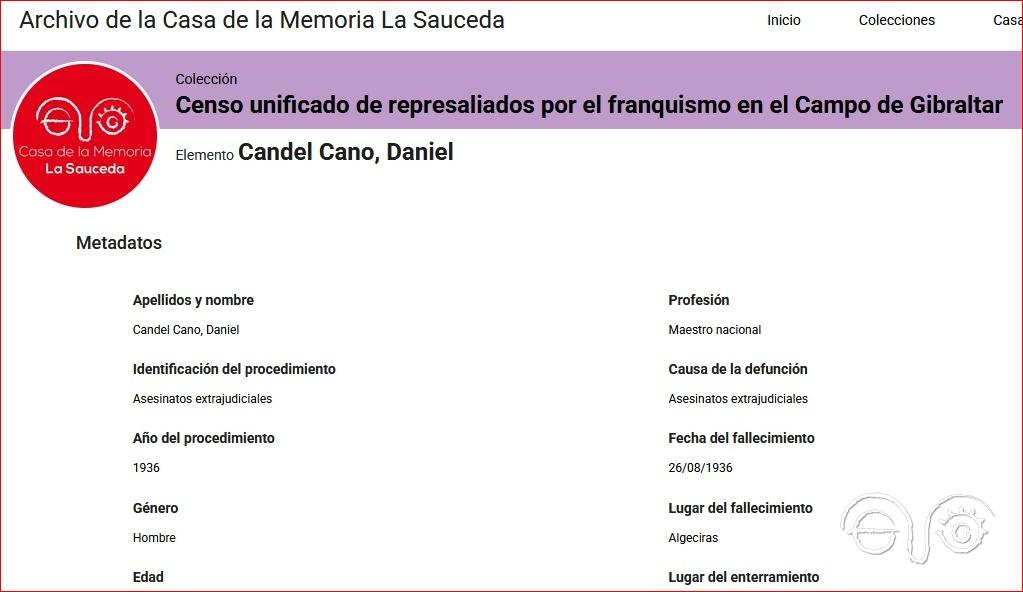 Captura del registro de Daniel Candel Cano en el censo unificado de represaliados por el franquismo en el Campo de Gibraltar de la web de la Casa de la Memoria.