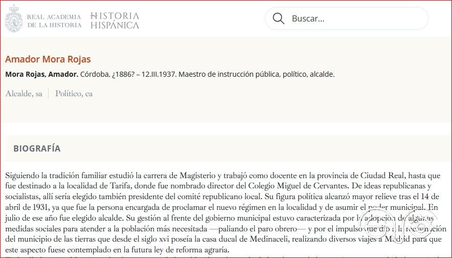 Inicio de la biografía de Amador Mora Rojas en el Diccionario Biográfico Español de la Real Academia de la Historia, por Antonio Morales Benítez.
