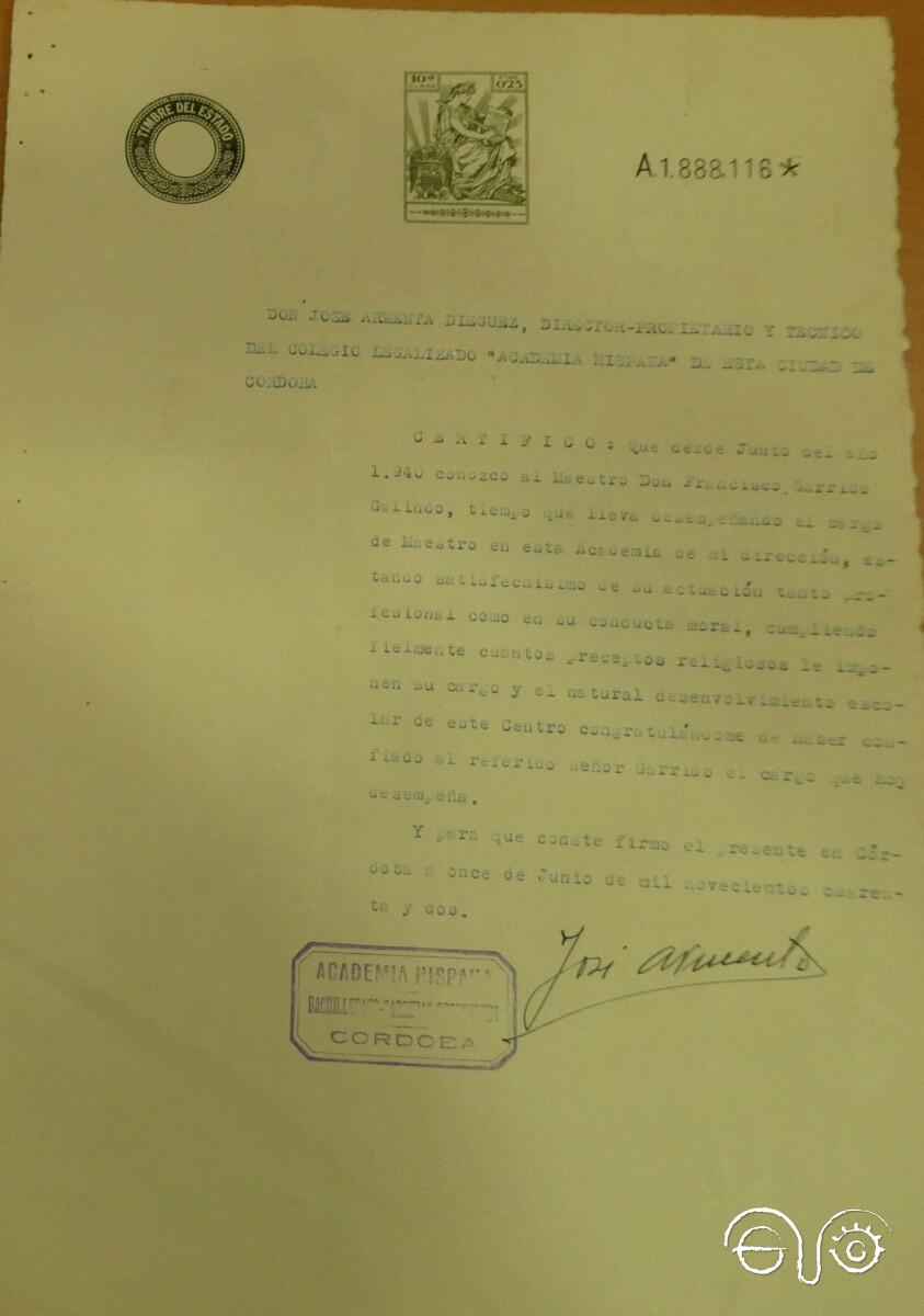 Escrito del director-propietario de la Academia Hispana, donde Francisco Garrido encontró trabajo en 1940.