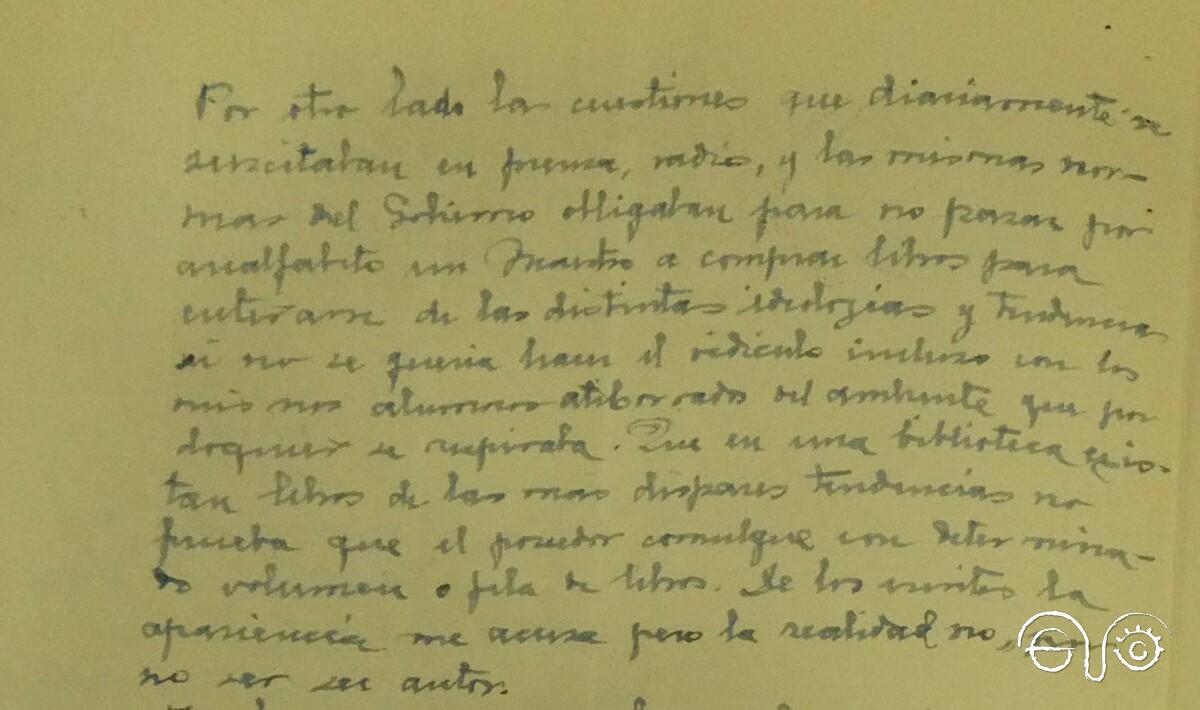 Fragmento del tercer pliego de descargos, donde Garrido argumenta respecto a la biblioteca que le fue encontrada en su escuela y que se convirtió en la mayor acusación sobre él.