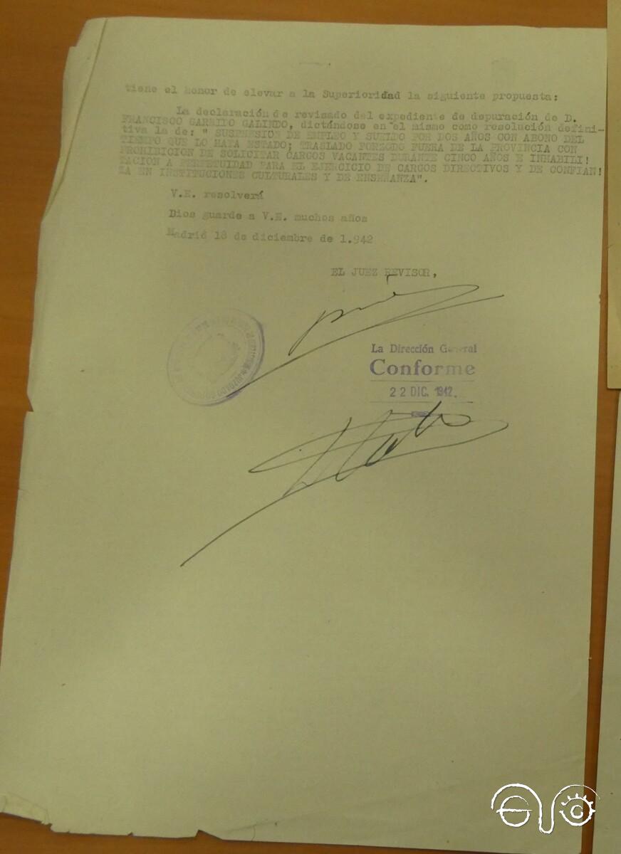 Resolución del proceso de depuración de Garrido Galindo, en diciembre de 1942.