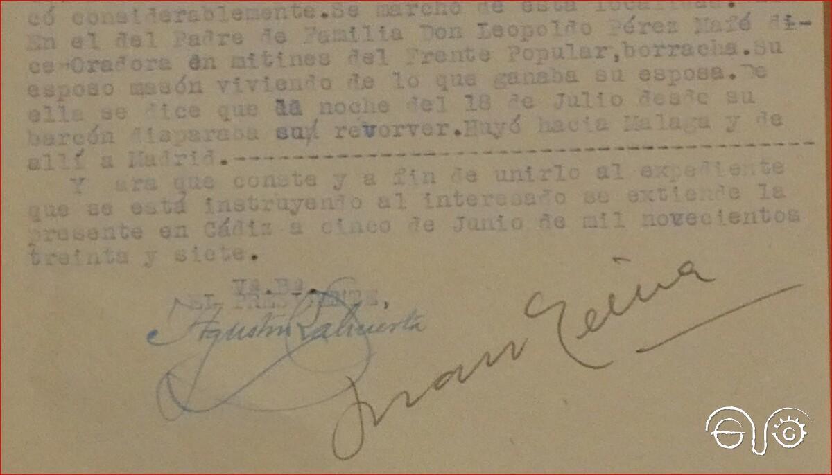 Fragmento del acta firmada el 5 de junio de 1937 por parte del secretario y el presidente de la Comisión Depuradora gaditana para el profesorado de Enseñanza Primaria.