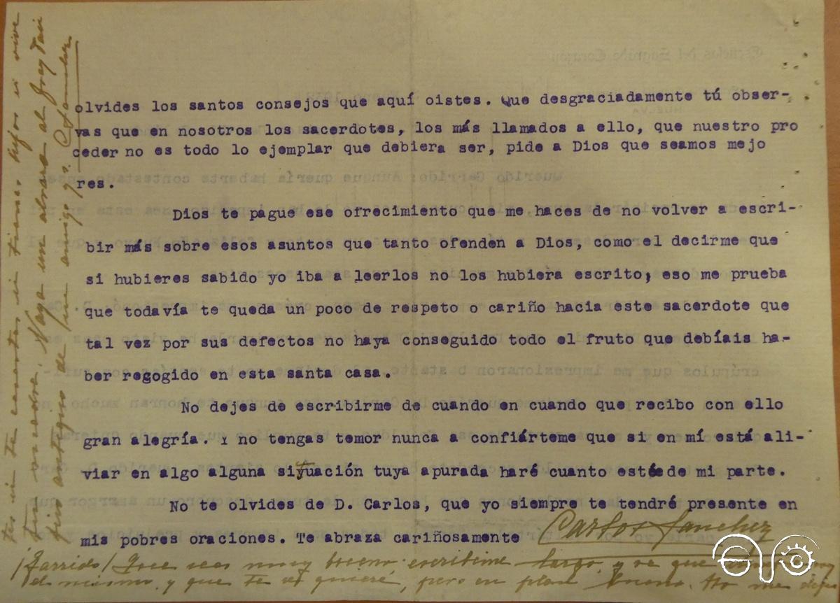 Segunda carilla de carta de Carlos Sánchez a Francisco Garrido, con los añadidos a mano.