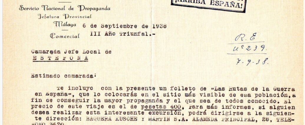 Bajo el título “Las rutas de la guerra”, se hacía esta oferta, catalogada de excursión, por el precio de 400 pesetas. Archivo Municipal de Estepona C-01548-06-00