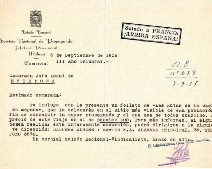 Bajo el título “Las rutas de la guerra”, se hacía esta oferta, catalogada de excursión, por el precio de 400 pesetas. Archivo Municipal de Estepona C-01548-06-00