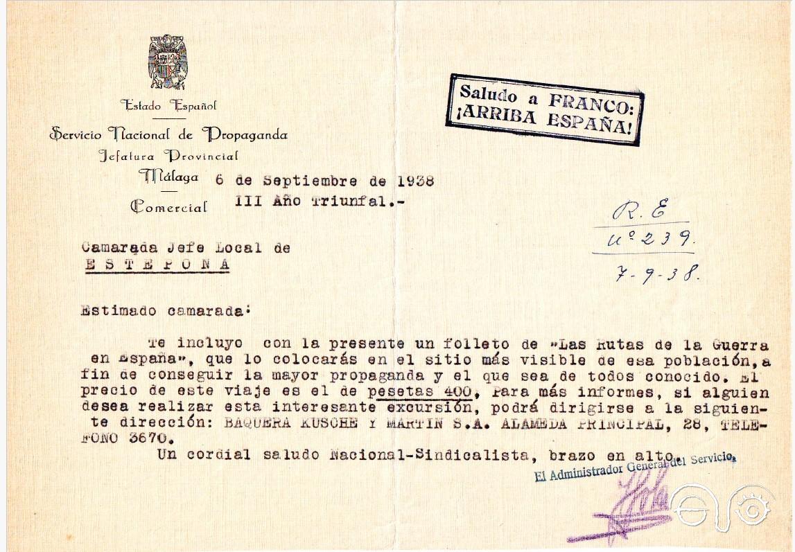 Bajo el título “Las rutas de la guerra”, se hacía esta oferta, catalogada de excursión, por el precio de 400 pesetas. Archivo Municipal de Estepona C-01548-06-00