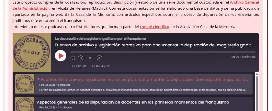 Captura de pantalla con la serie sobre Depuración del magisterio gaditano.