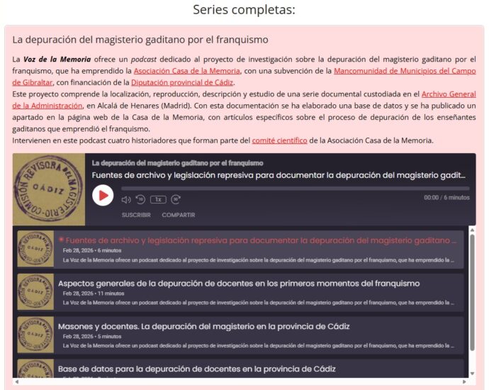 Captura de pantalla con la serie sobre Depuración del magisterio gaditano.